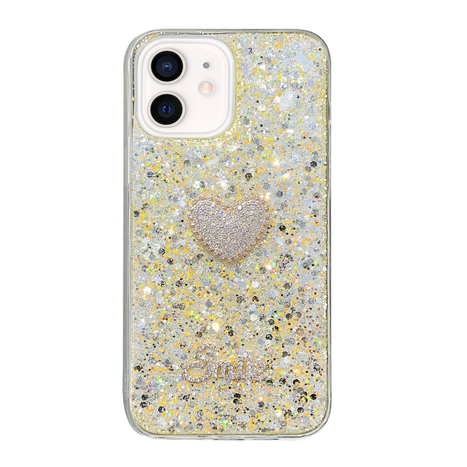For iPhone 12 Starry Sequin Diamond Heart Epoxy TPU Phone Case(Yellow) - Shopkiz.com