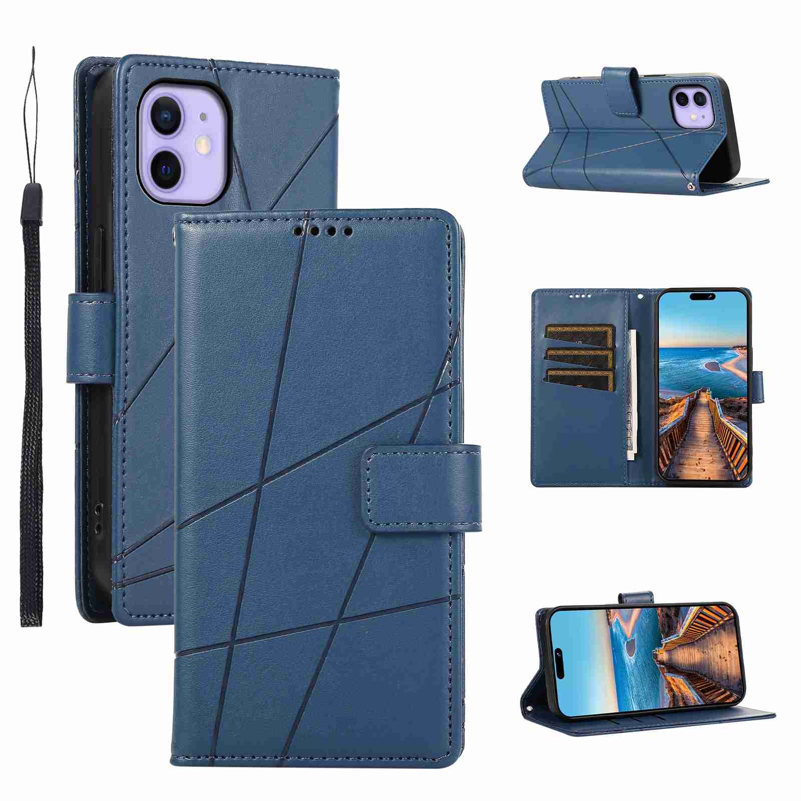 For iPhone 12 PU Genuine Leather Texture Embossed Line Phone Case(Blue) - Shopkiz.com