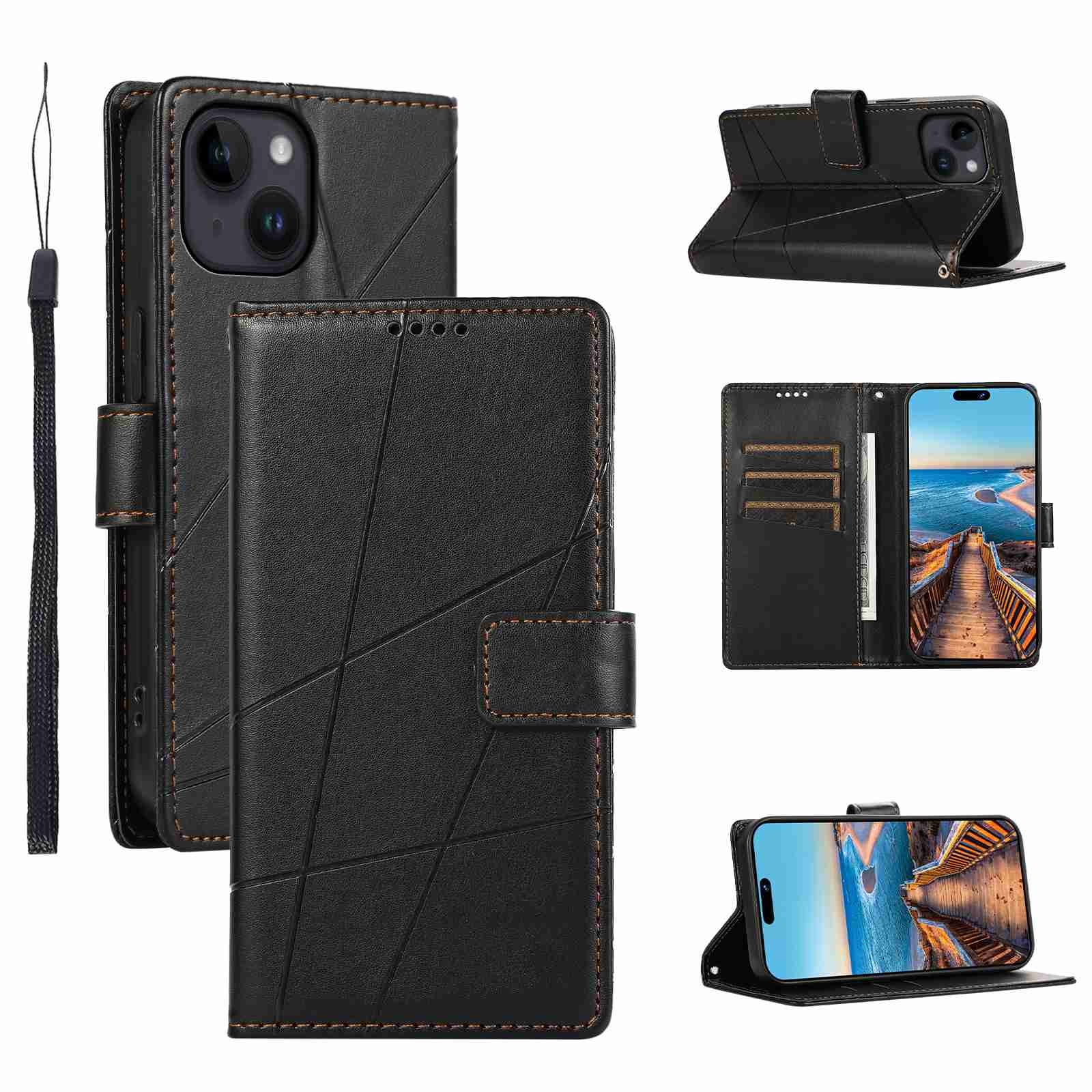 For iPhone 14 PU Genuine Leather Texture Embossed Line Phone Case(Black) - Shopkiz.com