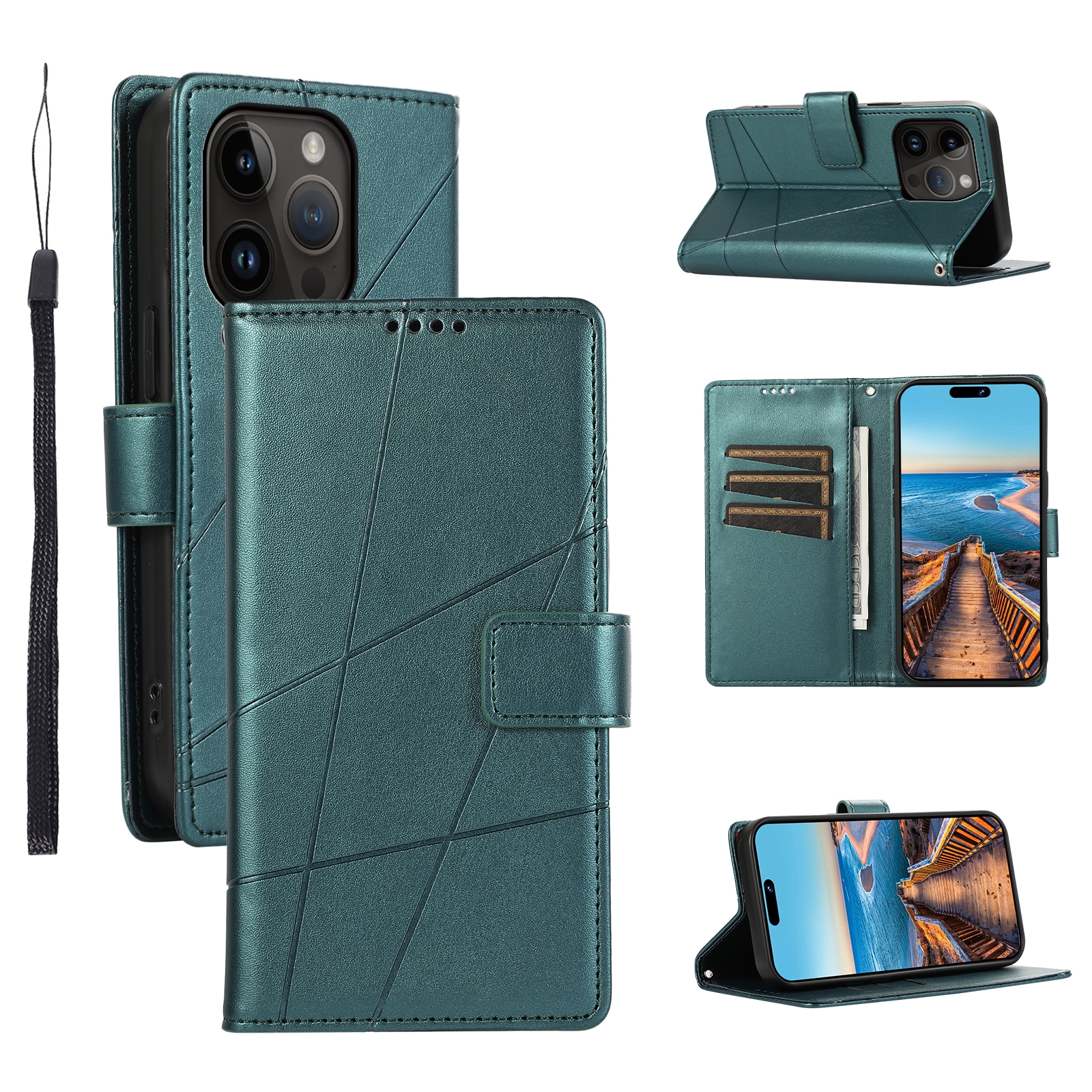 For iPhone 14 Pro PU Genuine Leather Texture Embossed Line Phone Case(Green) - Shopkiz.com