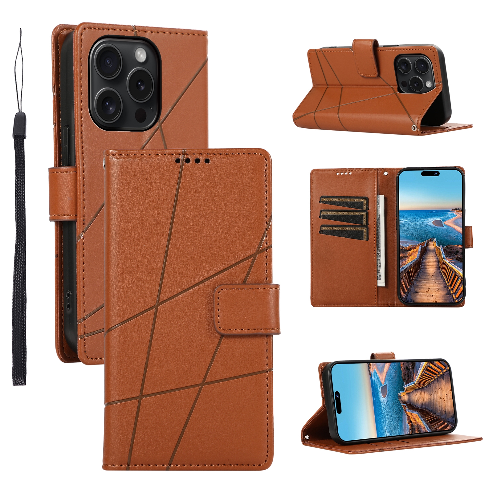 For iPhone 15 Pro PU Genuine Leather Texture Embossed Line Phone Case(Brown) - Shopkiz.com