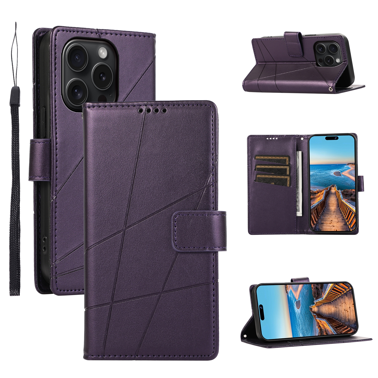 For iPhone 15 Pro Max PU Genuine Leather Texture Embossed Line Phone Case(Purple) - Shopkiz.com