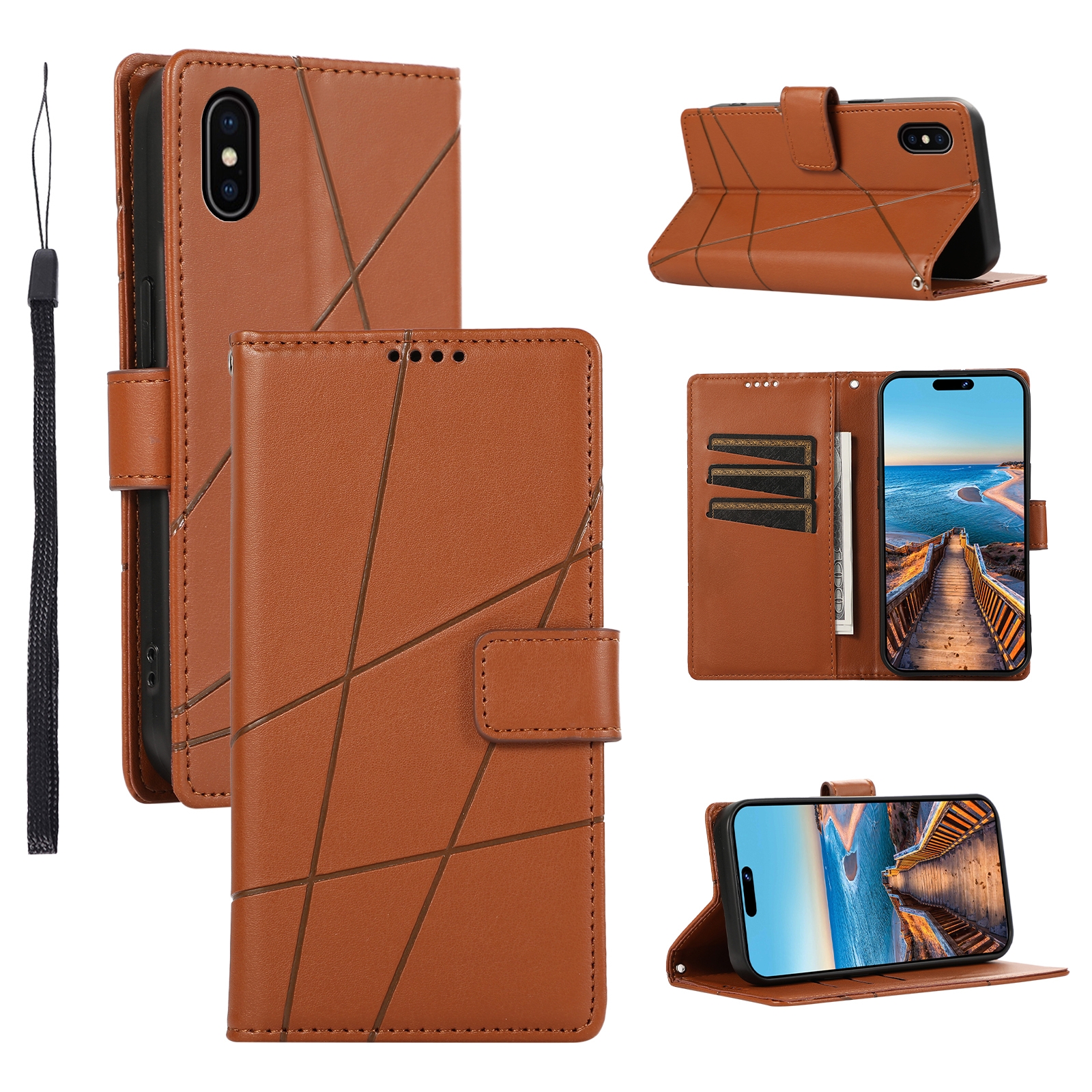For iPhone XS / X PU Genuine Leather Texture Embossed Line Phone Case(Brown) - Shopkiz.com