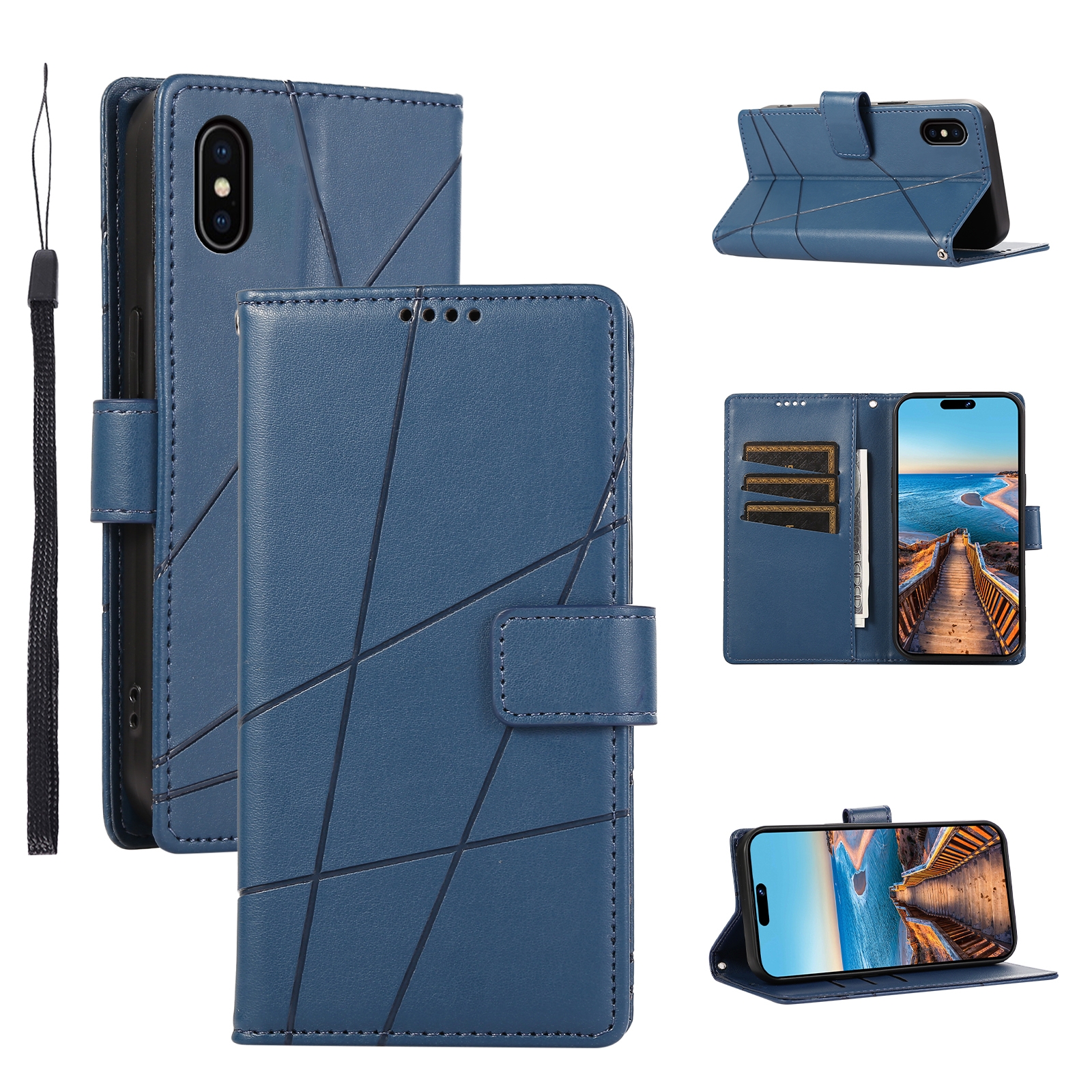For iPhone XS Max PU Genuine Leather Texture Embossed Line Phone Case(Blue) - Shopkiz.com
