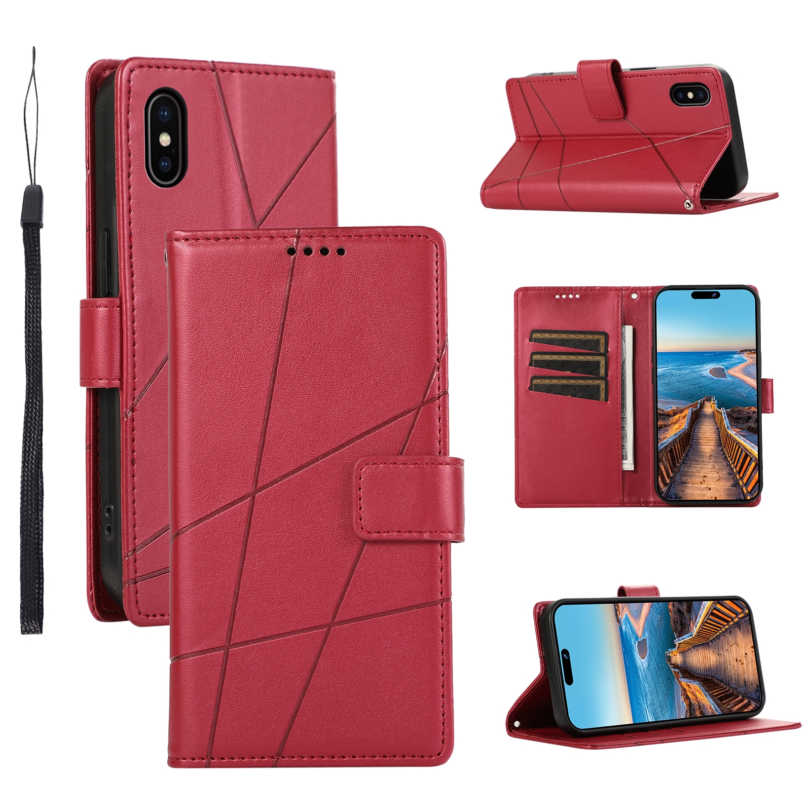 For iPhone XS Max PU Genuine Leather Texture Embossed Line Phone Case(Red) - Shopkiz.com