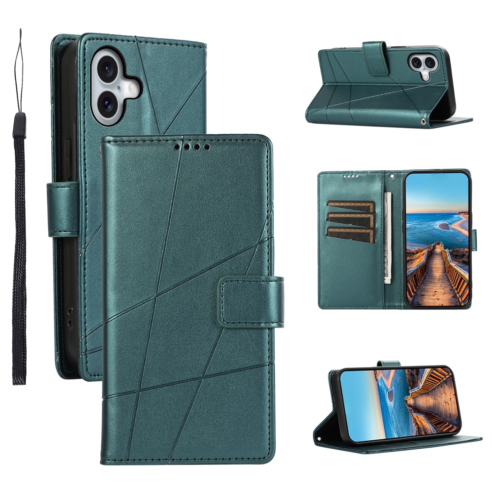 For iPhone 16 Plus PU Genuine Leather Texture Embossed Line Phone Case(Green) - Shopkiz.com