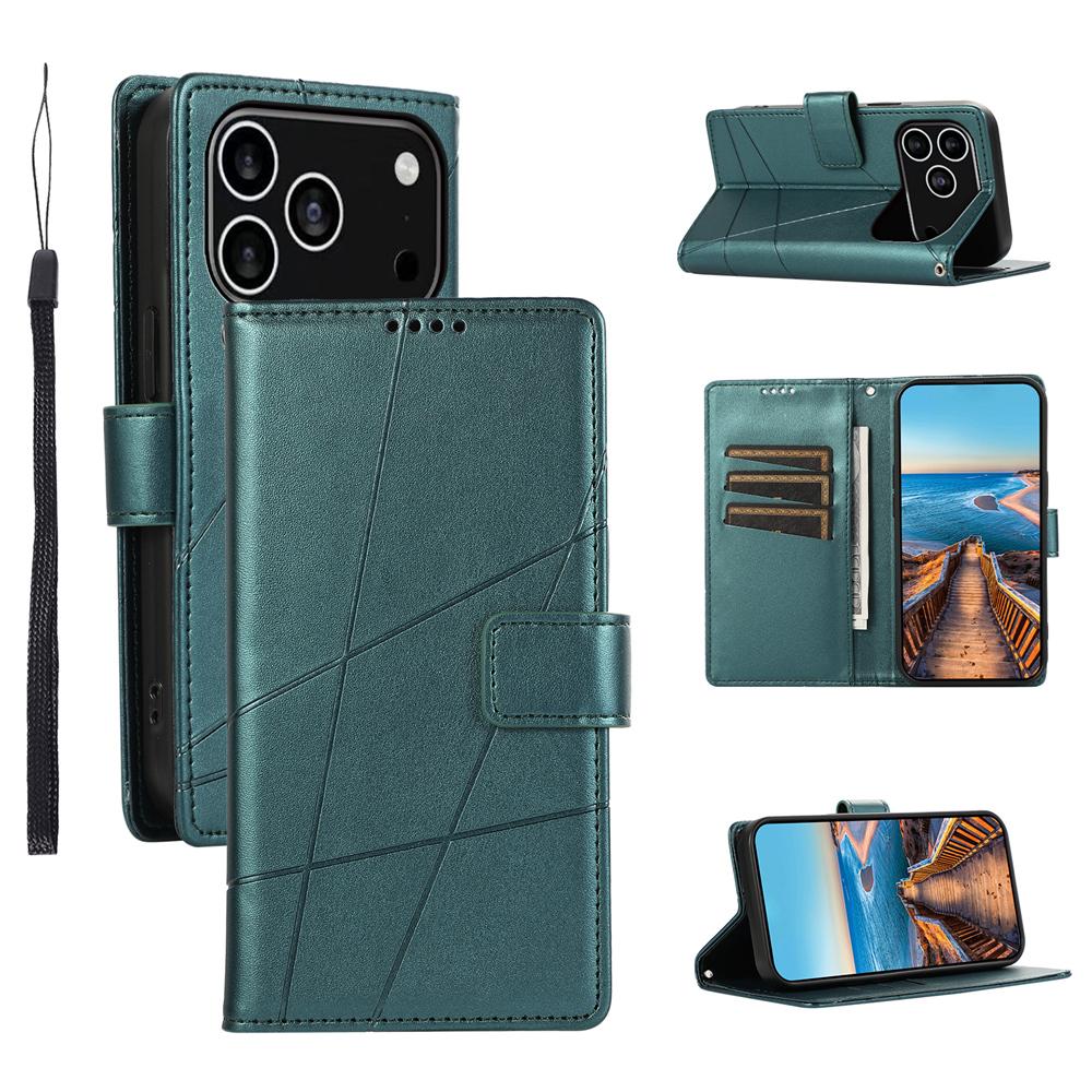 For iPhone 17 Pro PU Genuine Leather Texture Embossed Line Phone Case(Green) - Shopkiz.com