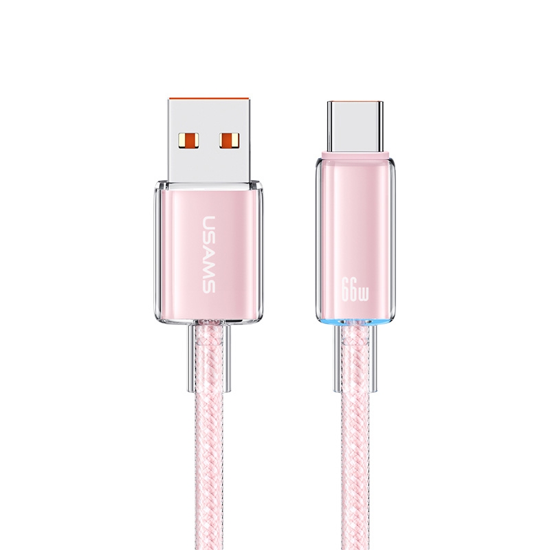 USAMS USB To Type-C 6A Aluminum Alloy Clear LED Fast Charge Data Cable, Length: 1.2m(Pink) - Shopkiz.com