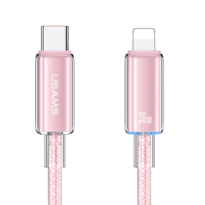 USAMS Type-C To 8 Pin Aluminum Alloy Clear LED 30W PD Fast Charge Data Cable, Length:1.2m(Pink) - Shopkiz.com