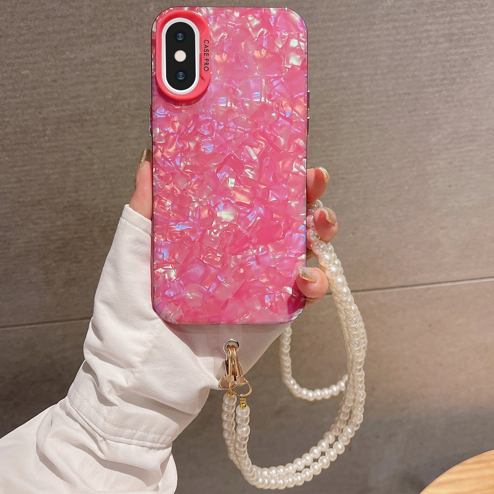 For iPhone X / XS Shell Texture Crossbody Pearl Chain TPU Hybrid Acrylic Phone Case(Rose Red) - Shopkiz.com