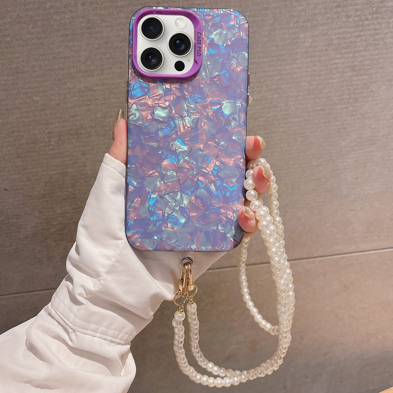 For iPhone 11 Pro Max Shell Texture Crossbody Pearl Chain TPU Hybrid Acrylic Phone Case(Purple) - Shopkiz.com
