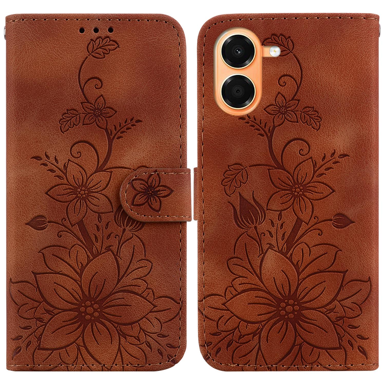 For Honor X7e 4G Lily Embossed Leather Phone Case(Brown) - Shopkiz.com