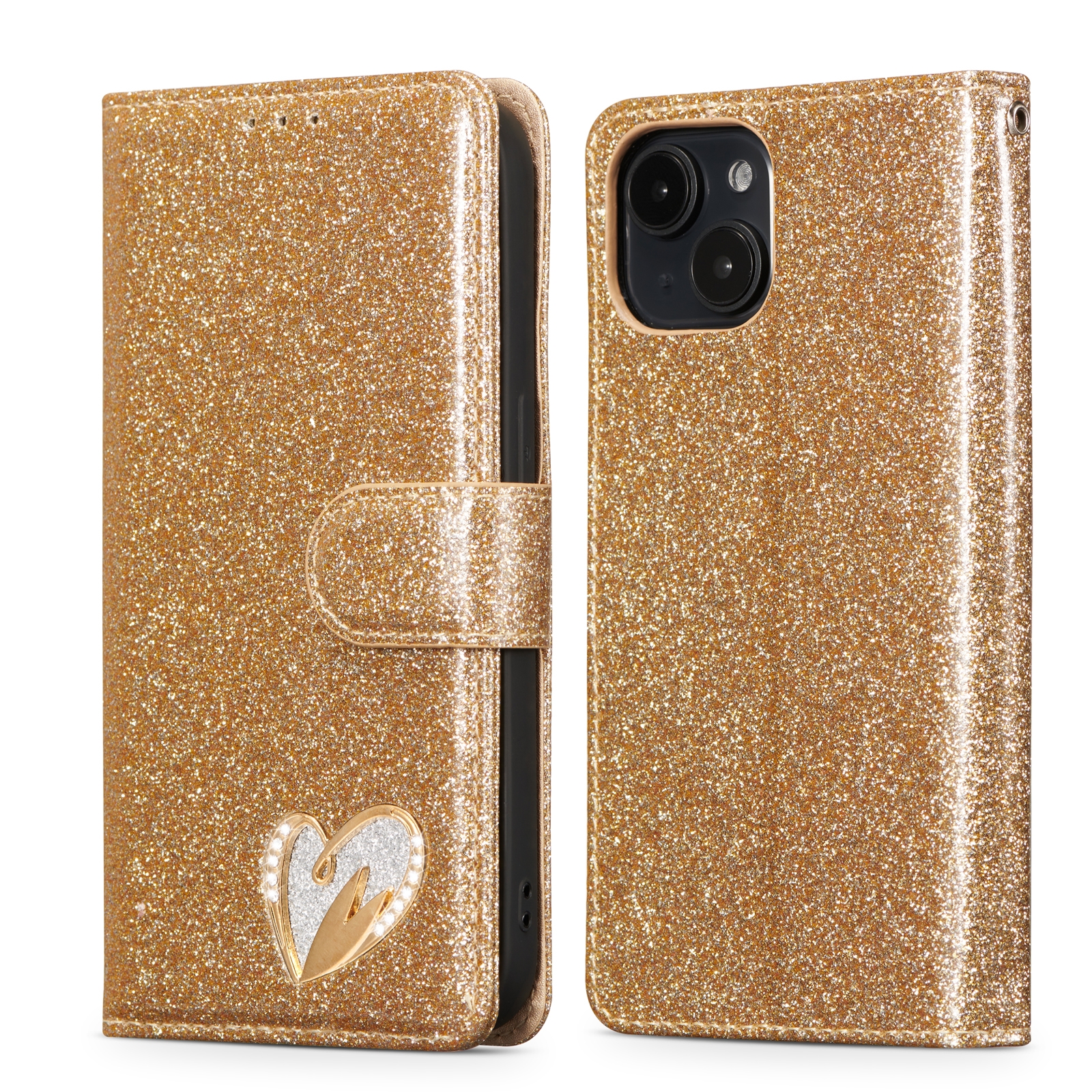 For iPhone 15 Glitter Powder Love Leather Phone Case(Gold) - Shopkiz.com