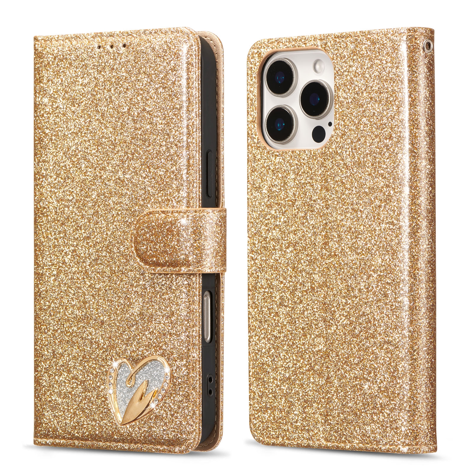 For iPhone 16 Pro Glitter Powder Love Leather Phone Case(Gold) - Shopkiz.com