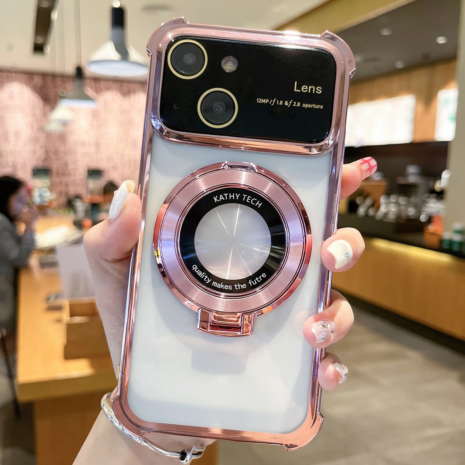 For iPhone 14 Plus MagSafe Holder Shockproof TPU Phone Case with Lens Film(Rose Gold) - Shopkiz.com