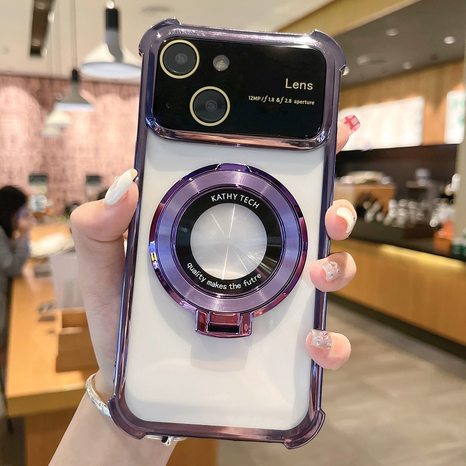 For iPhone 14 Plus MagSafe Holder Shockproof TPU Phone Case with Lens Film(Purple) - Shopkiz.com