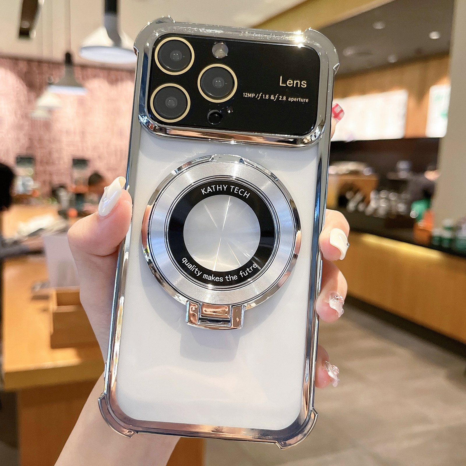 For iPhone 12 Pro Max MagSafe Holder Shockproof TPU Phone Case with Lens Film(Silver) - Shopkiz.com