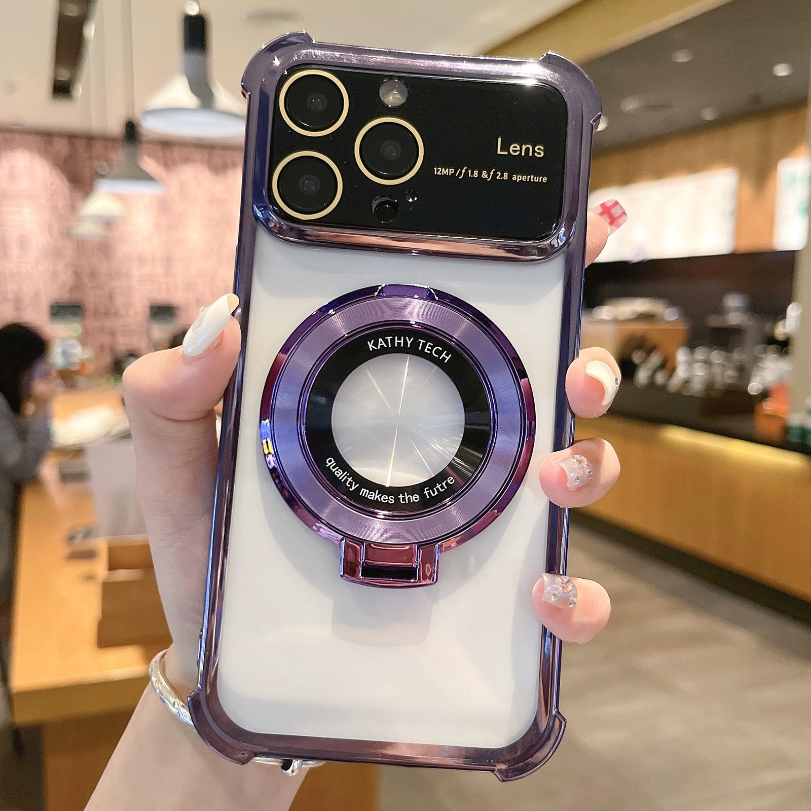 For iPhone 12 Pro Max MagSafe Holder Shockproof TPU Phone Case with Lens Film(Purple) - Shopkiz.com