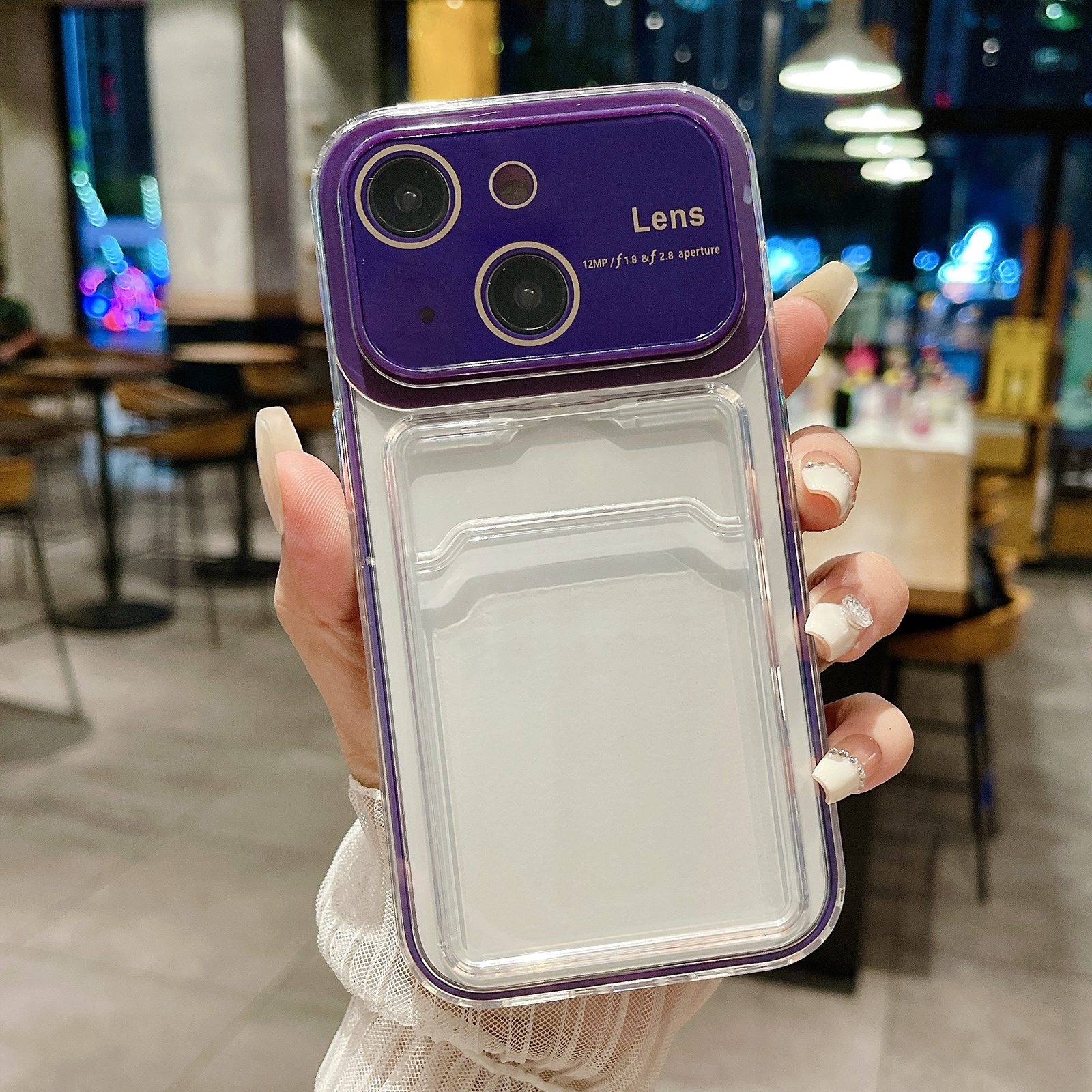 For iPhone 15 Plus Large Window PC Hybrid TPU Phone Case with Card Slot(Dark Purple) - Shopkiz.com
