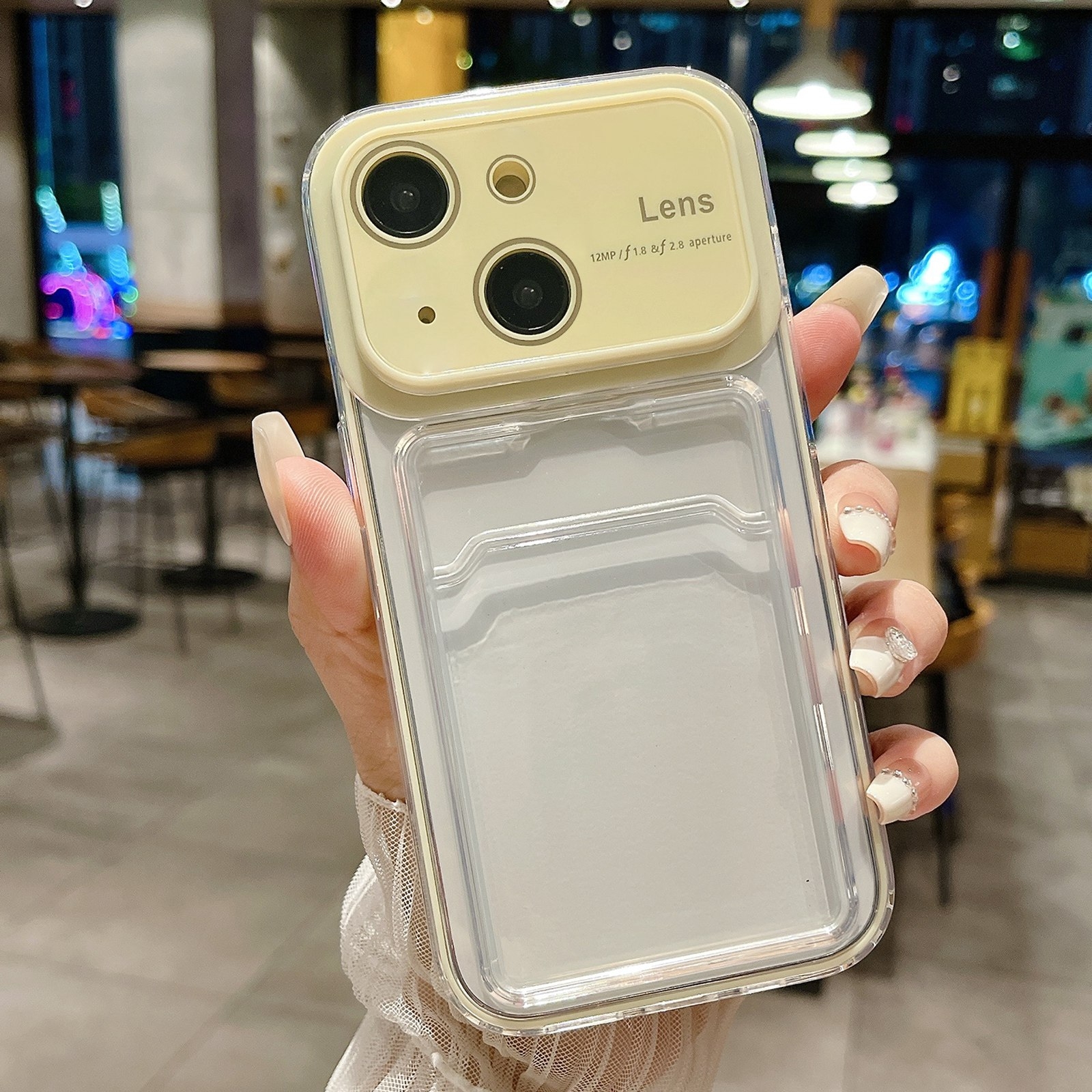 For iPhone 15 Plus Large Window PC Hybrid TPU Phone Case with Card Slot(Yellow) - Shopkiz.com