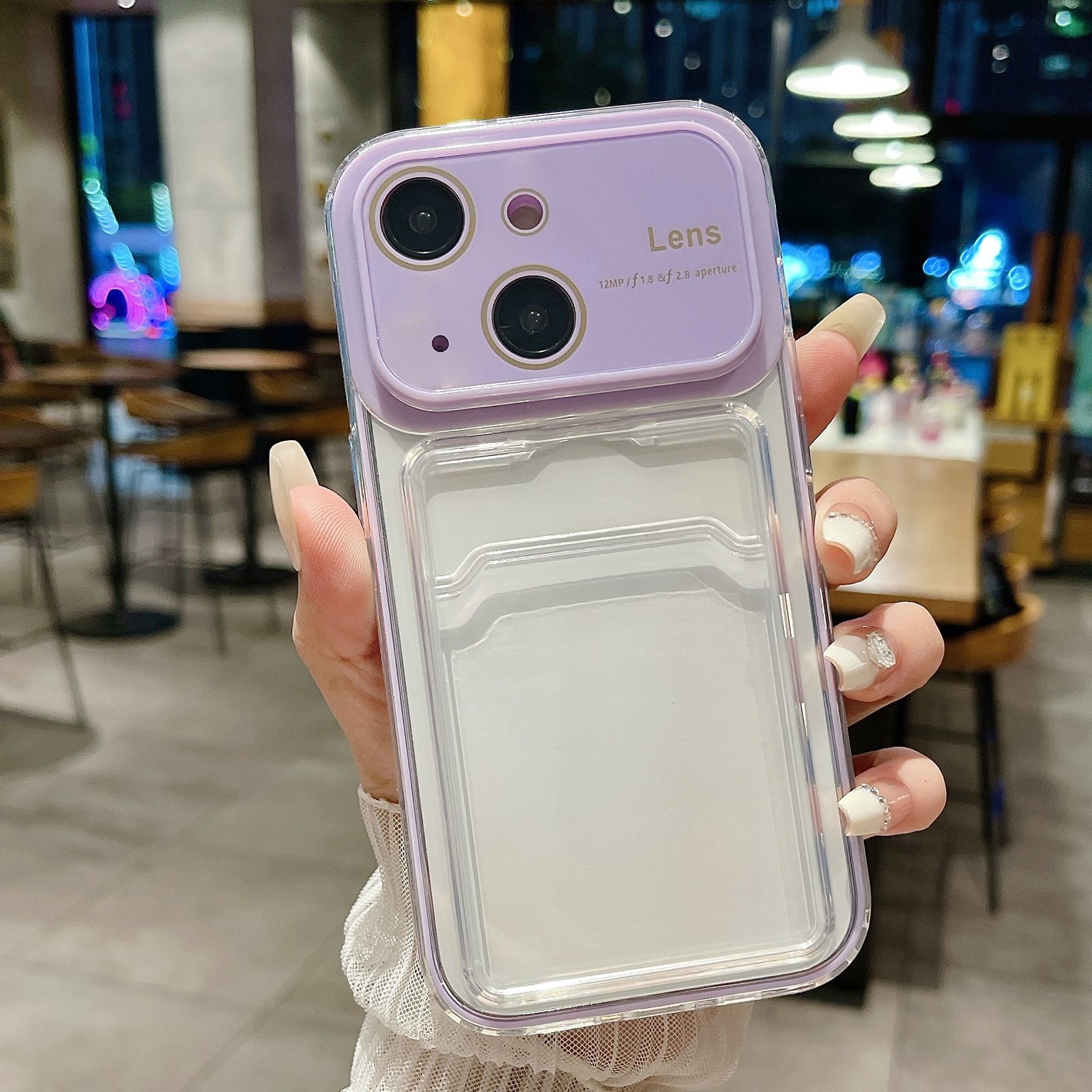 For iPhone 15 Large Window PC Hybrid TPU Phone Case with Card Slot(Light Purple) - Shopkiz.com