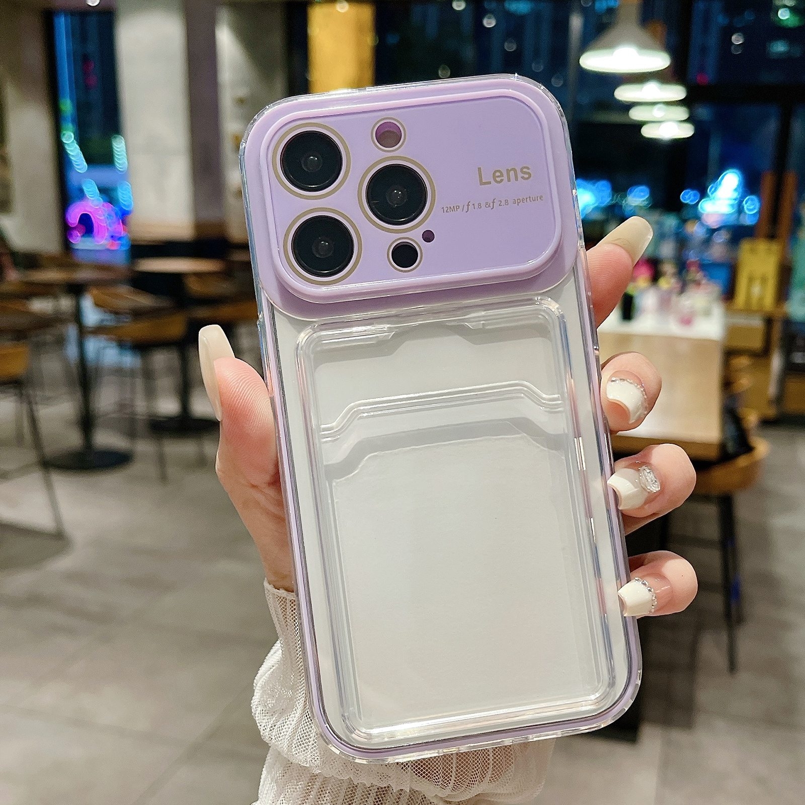 For iPhone 13 Pro Max Large Window PC Hybrid TPU Phone Case with Card Slot(Light Purple) - Shopkiz.com