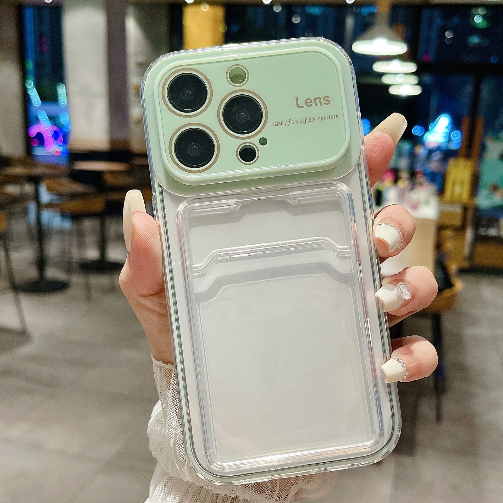 For iPhone 13 Pro Max Large Window PC Hybrid TPU Phone Case with Card Slot(Green) - Shopkiz.com