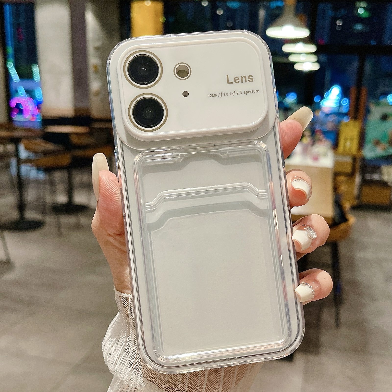 For iPhone 12 Large Window PC Hybrid TPU Phone Case with Card Slot(White) - Shopkiz.com