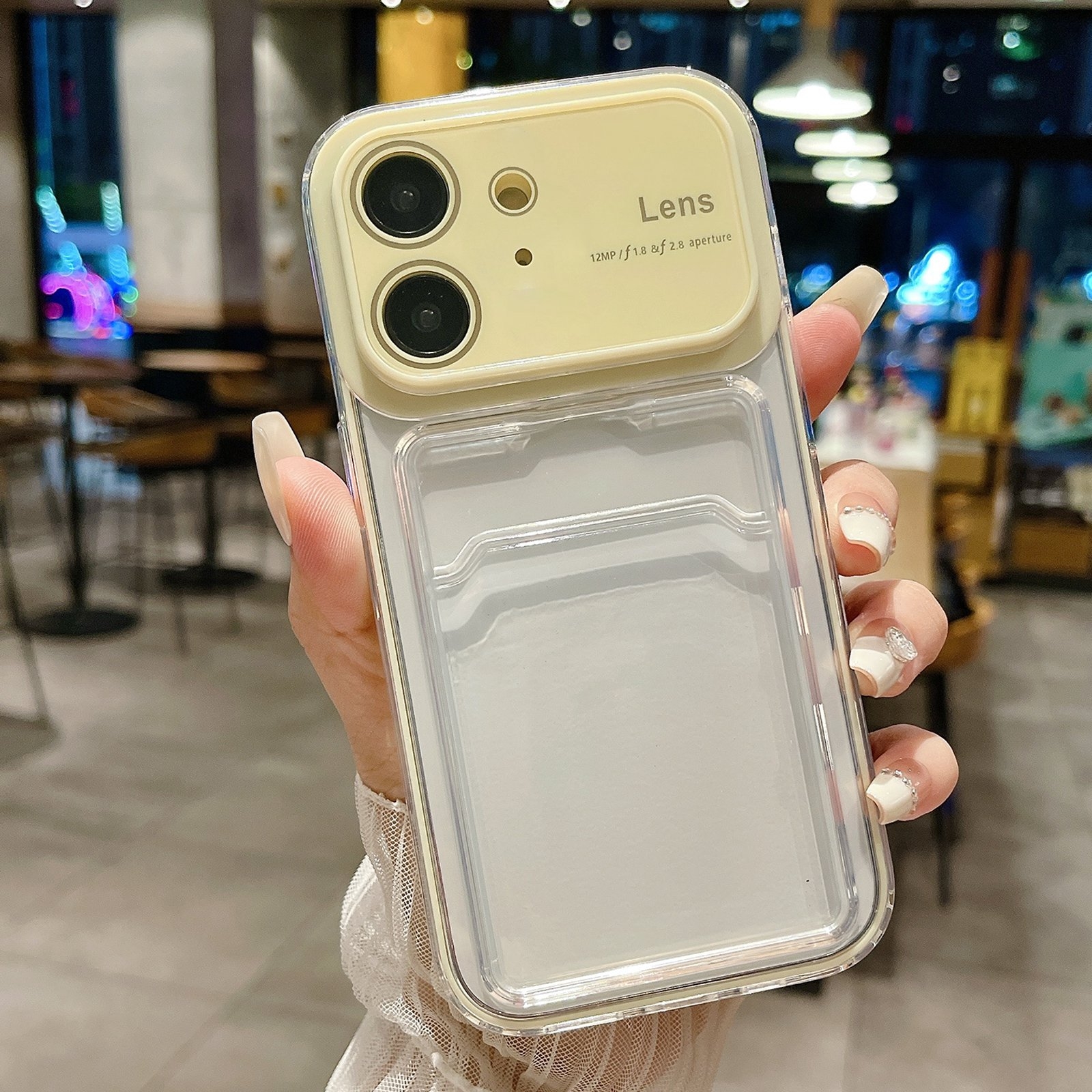 For iPhone 12 Large Window PC Hybrid TPU Phone Case with Card Slot(Yellow) - Shopkiz.com