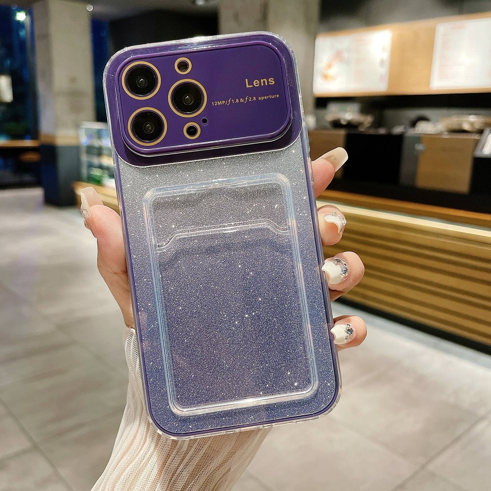 For iPhone 15 Pro Max Large Window Gradient Glitter Phone Case with Card Slot(Dark Purple) - Shopkiz.com