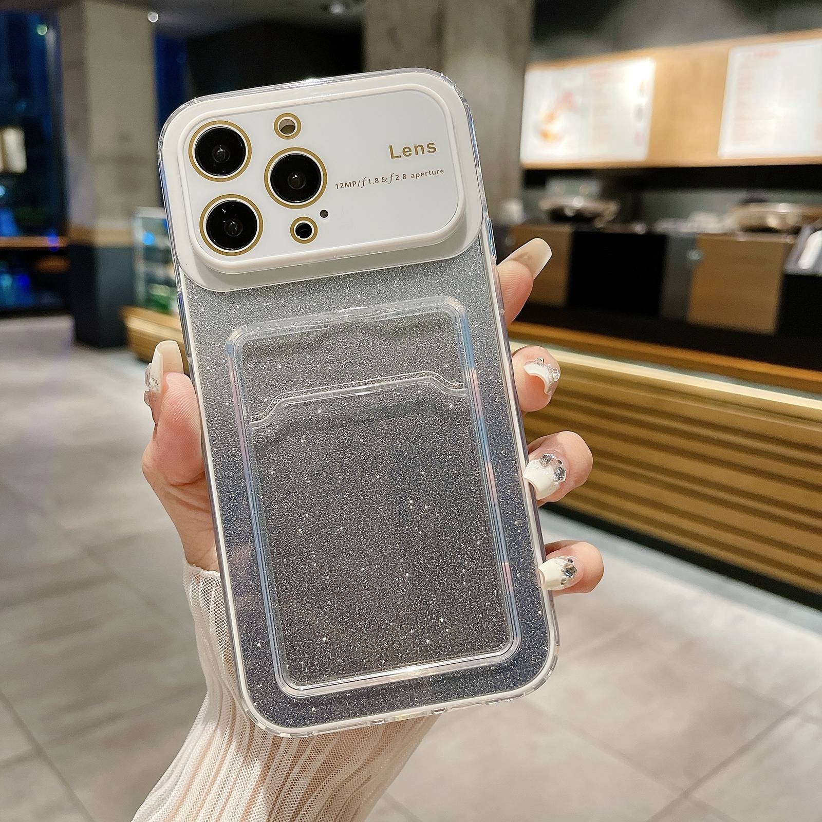 For iPhone 15 Pro Max Large Window Gradient Glitter Phone Case with Card Slot(White) - Shopkiz.com