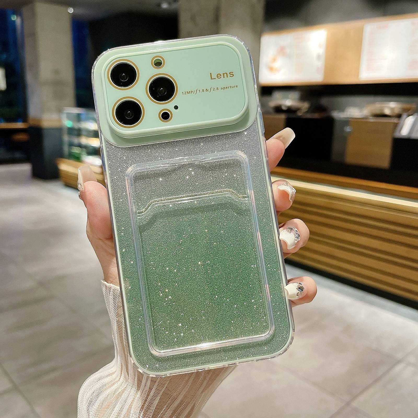 For iPhone 15 Pro Max Large Window Gradient Glitter Phone Case with Card Slot(Green) - Shopkiz.com