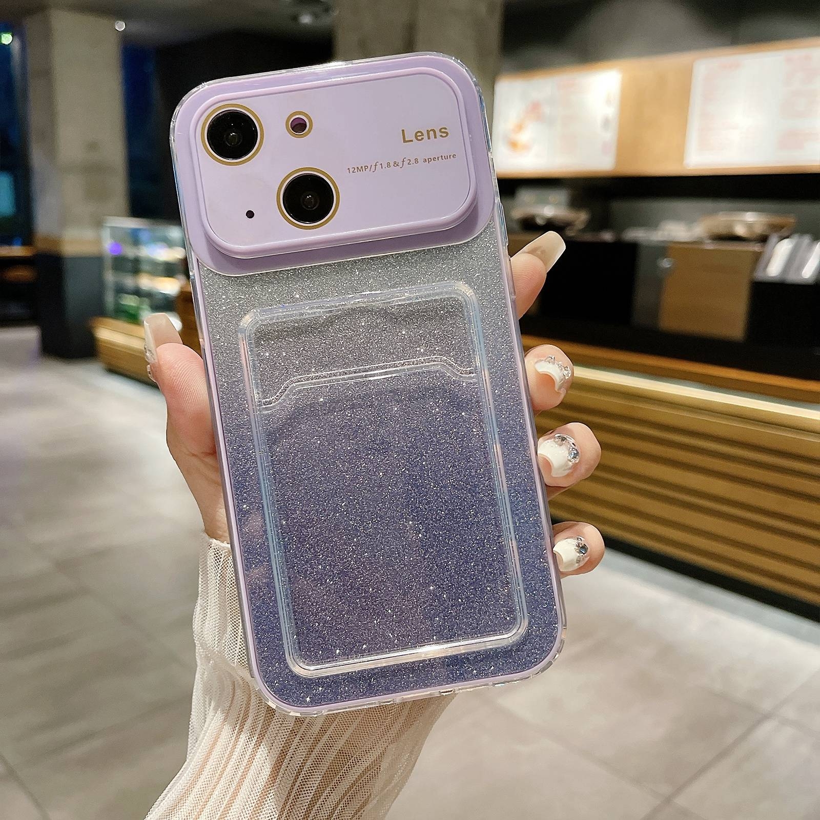 For iPhone 15 Plus Large Window Gradient Glitter Phone Case with Card Slot(Light Purple) - Shopkiz.com