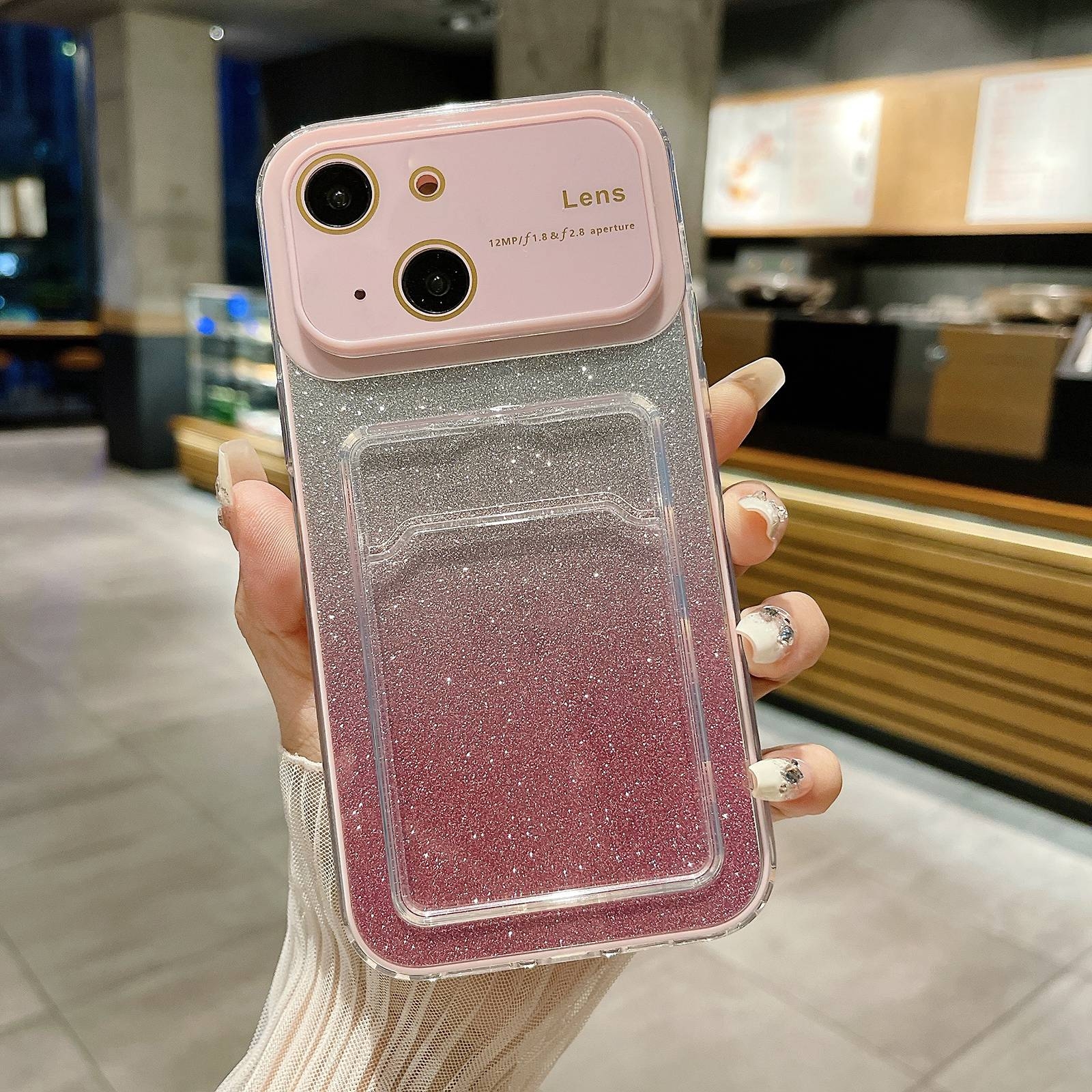 For iPhone 14 Large Window Gradient Glitter Phone Case with Card Slot(Pink) - Shopkiz.com