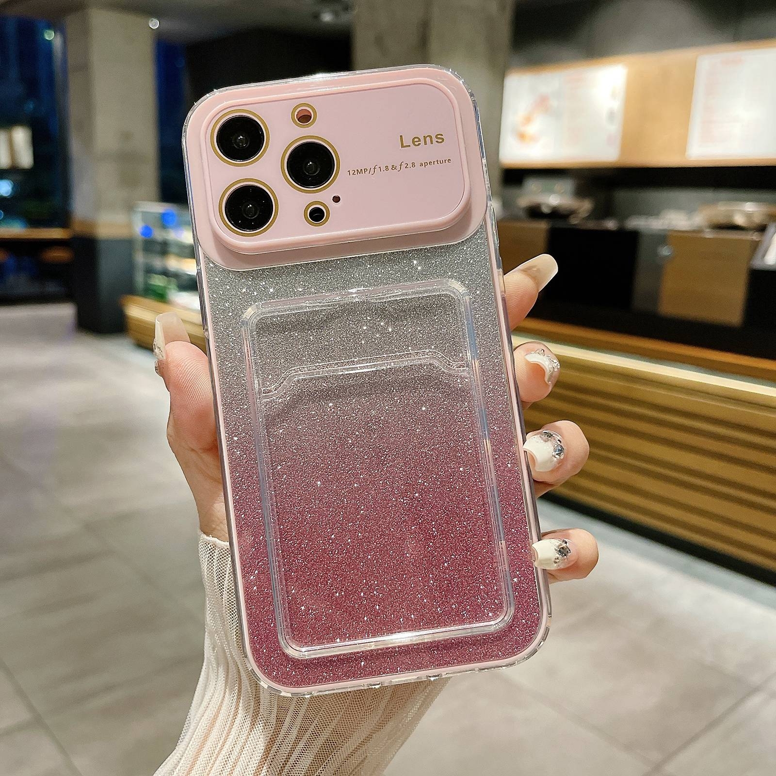 For iPhone 13 Pro Max Large Window Gradient Glitter Phone Case with Card Slot(Pink) - Shopkiz.com