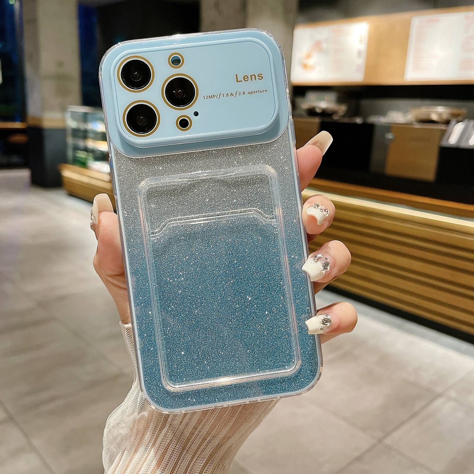 For iPhone 13 Pro Max Large Window Gradient Glitter Phone Case with Card Slot(Blue) - Shopkiz.com