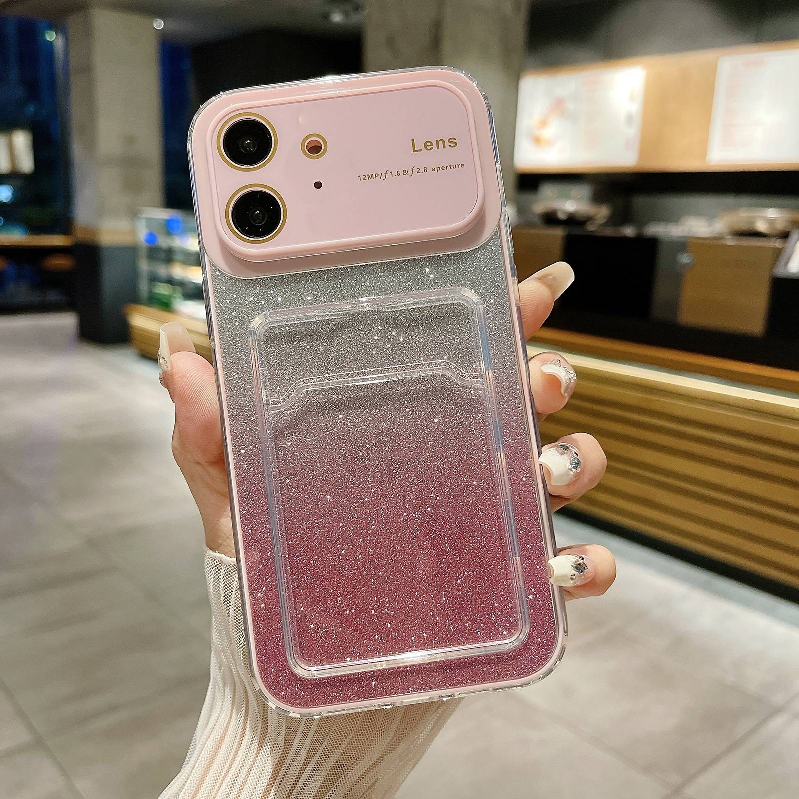 For iPhone 12 Large Window Gradient Glitter Phone Case with Card Slot(Pink) - Shopkiz.com