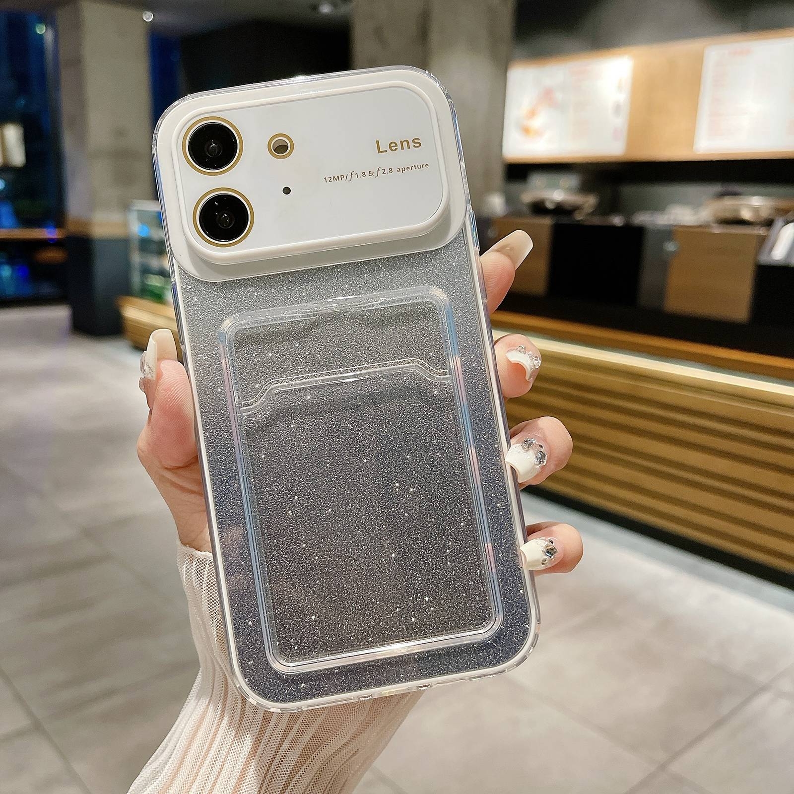 For iPhone 12 Large Window Gradient Glitter Phone Case with Card Slot(White) - Shopkiz.com