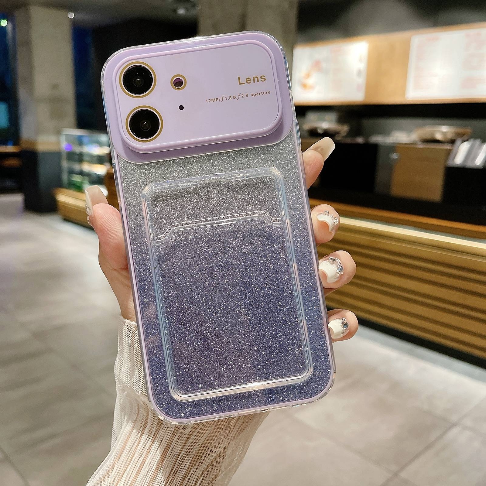 For iPhone 11 Large Window Gradient Glitter Phone Case with Card Slot(Light Purple) - Shopkiz.com