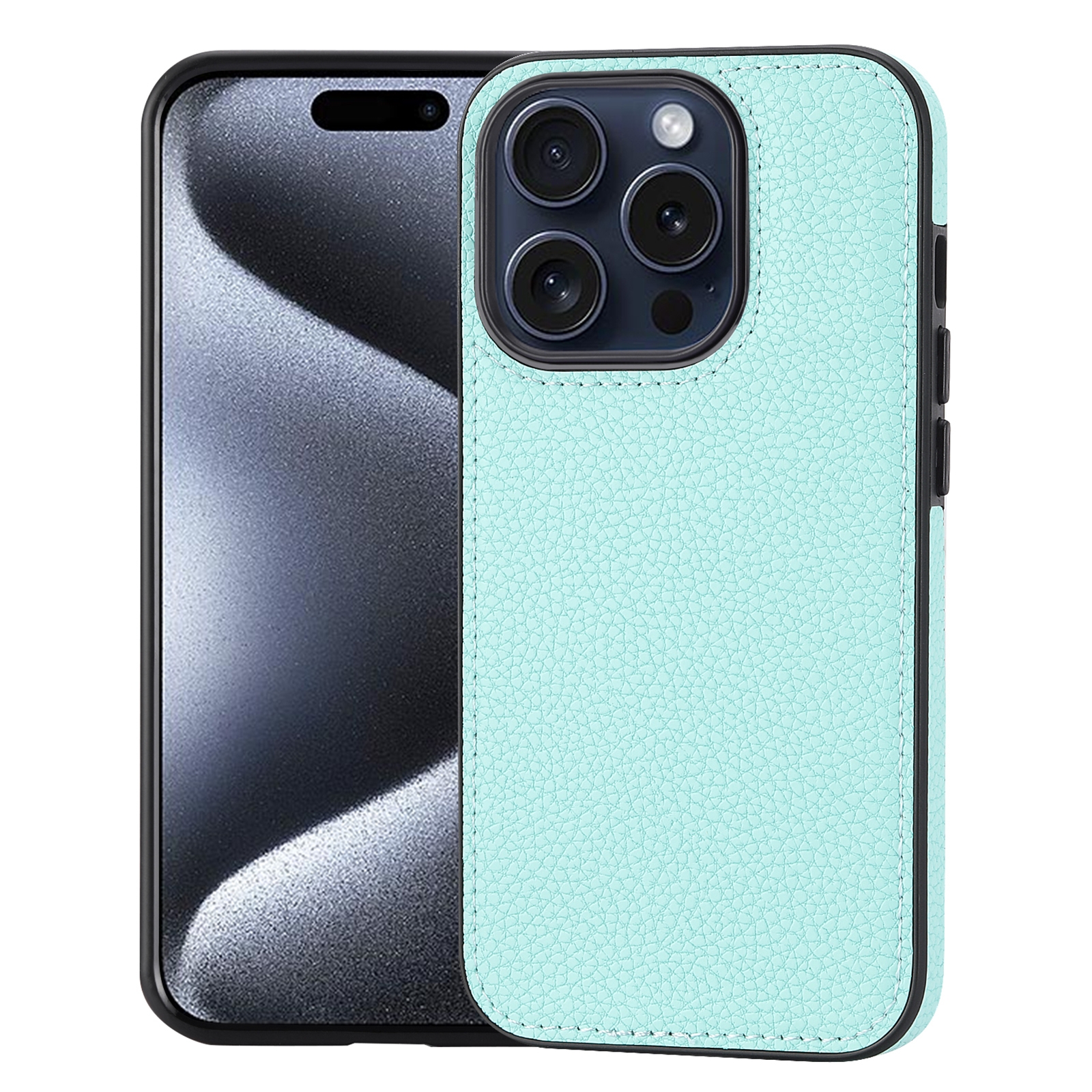 For iPhone 15 Pro Max Litchi Pattern Stitched Side-mounted Phone Case(Mint Green) - Shopkiz.com