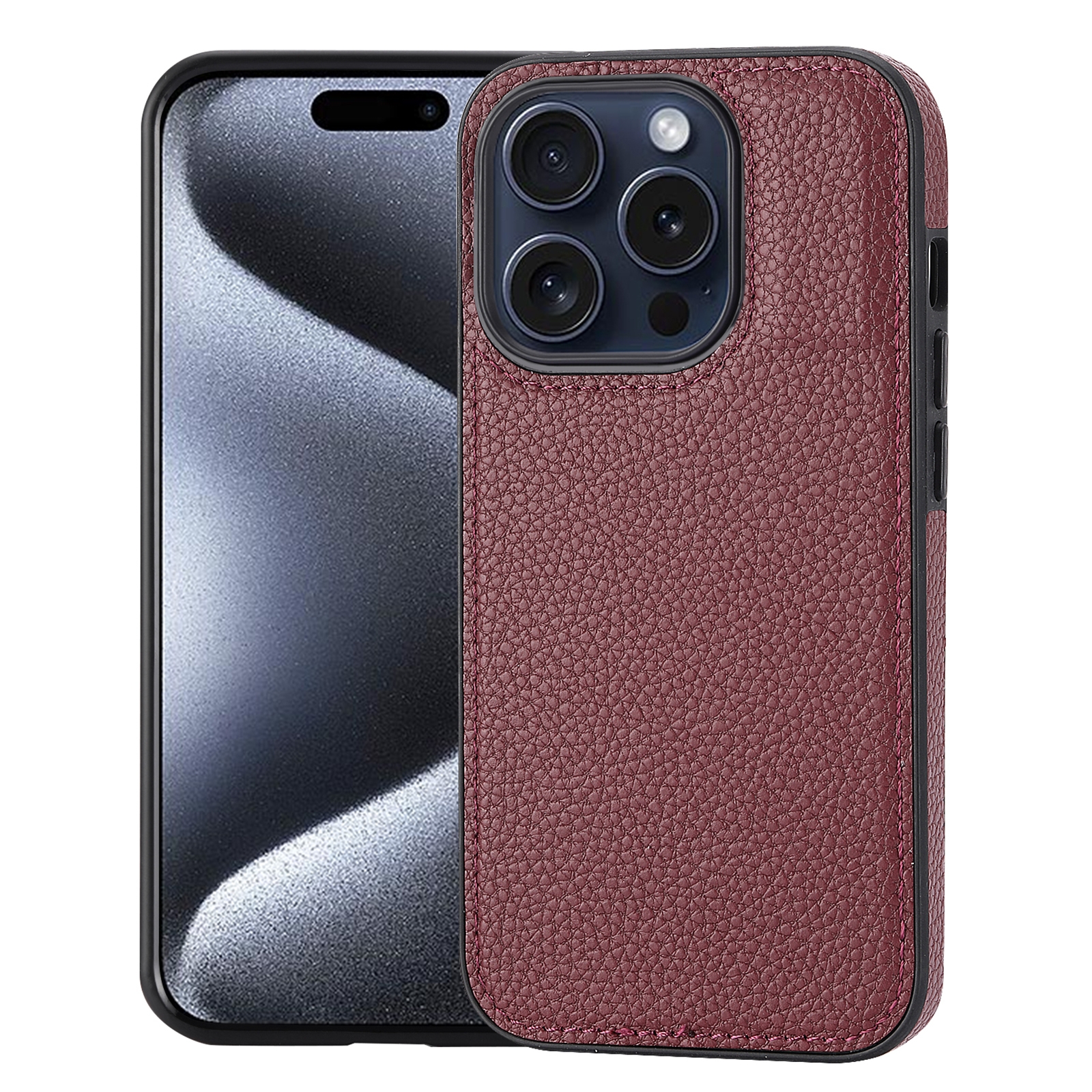 For iPhone 15 Pro Max Litchi Pattern Stitched Side-mounted Phone Case(Dark Red) - Shopkiz.com