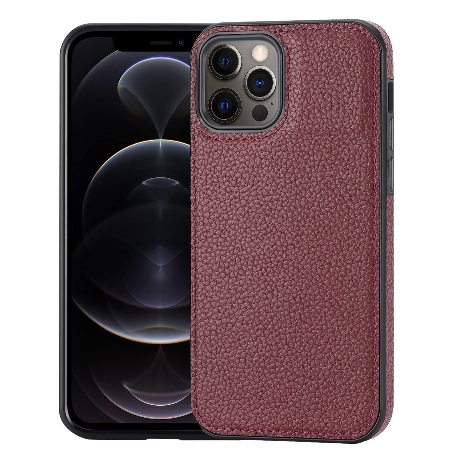 For iPhone 12 Pro Max Litchi Pattern Stitched Side-mounted Phone Case(Dark Red) - Shopkiz.com