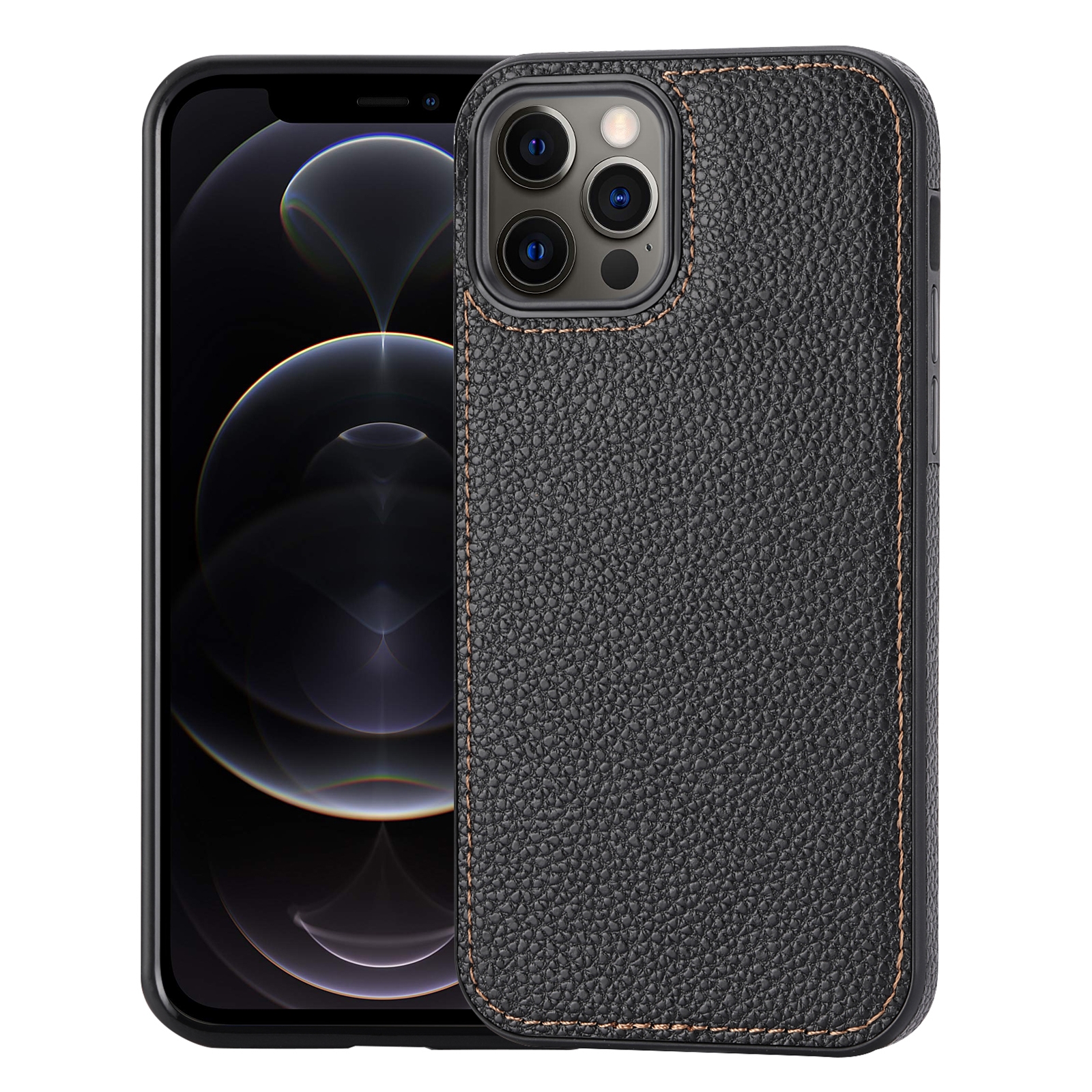 For iPhone 12 Pro Max Litchi Pattern Stitched Side-mounted Phone Case(Black) - Shopkiz.com