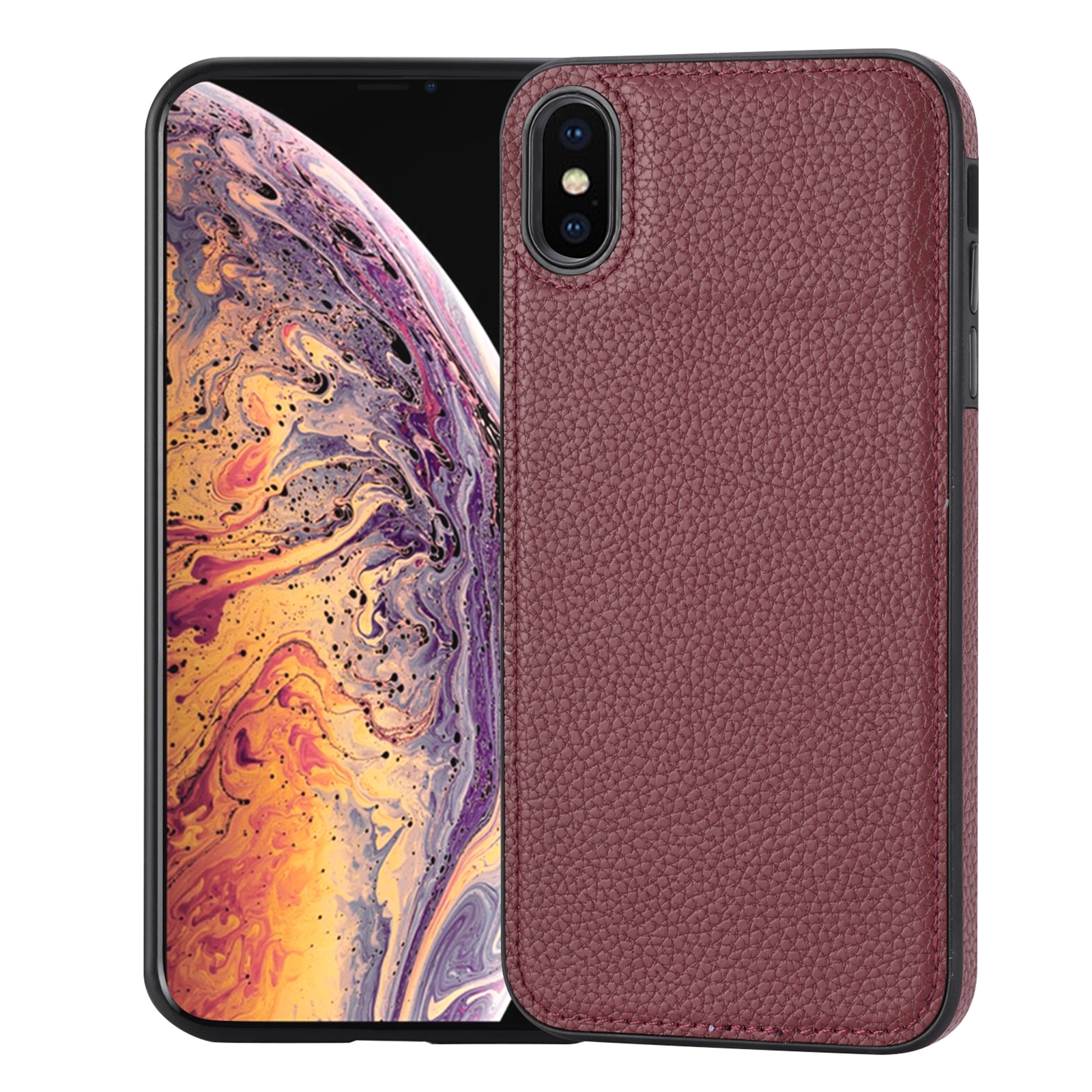 For iPhone X/XS Litchi Pattern Stitched Side-mounted Phone Case(Dark Red) - Shopkiz.com