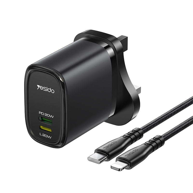 Yesido YC43 PD 20W USB-C / Type-C + 8 Pin Travel Charger with 1m Type-C to 8 Pin Cable, UK Plug(Black) - Shopkiz.com