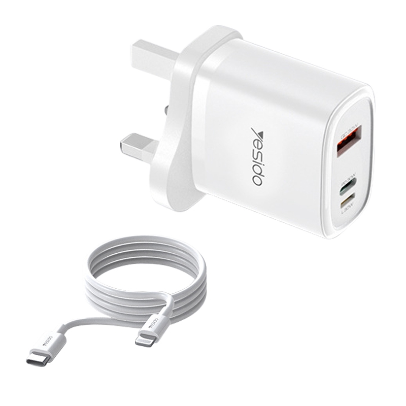Yesido YC51 30W USB-C / Type-C + USB + 8 Pin Travel Charger with 1m Type-C to 8 Pin Cable, UK Plug(White) - Shopkiz.com