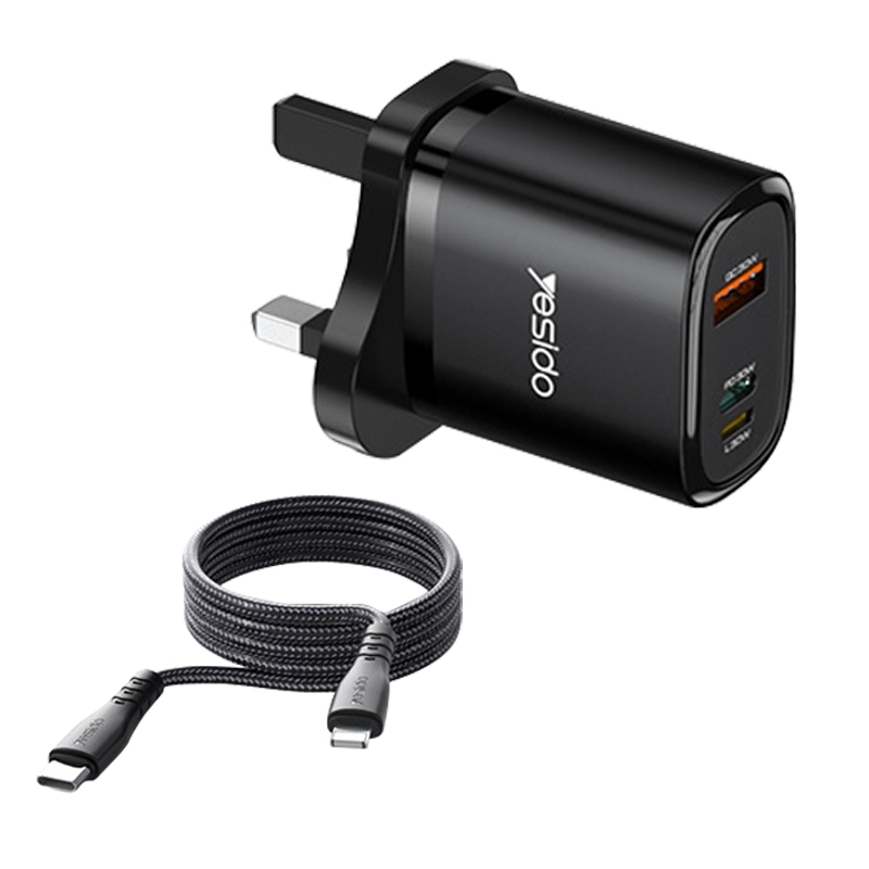 Yesido YC51 30W USB-C / Type-C + USB + 8 Pin Travel Charger with 1m Type-C to 8 Pin Cable, UK Plug(Black) - Shopkiz.com