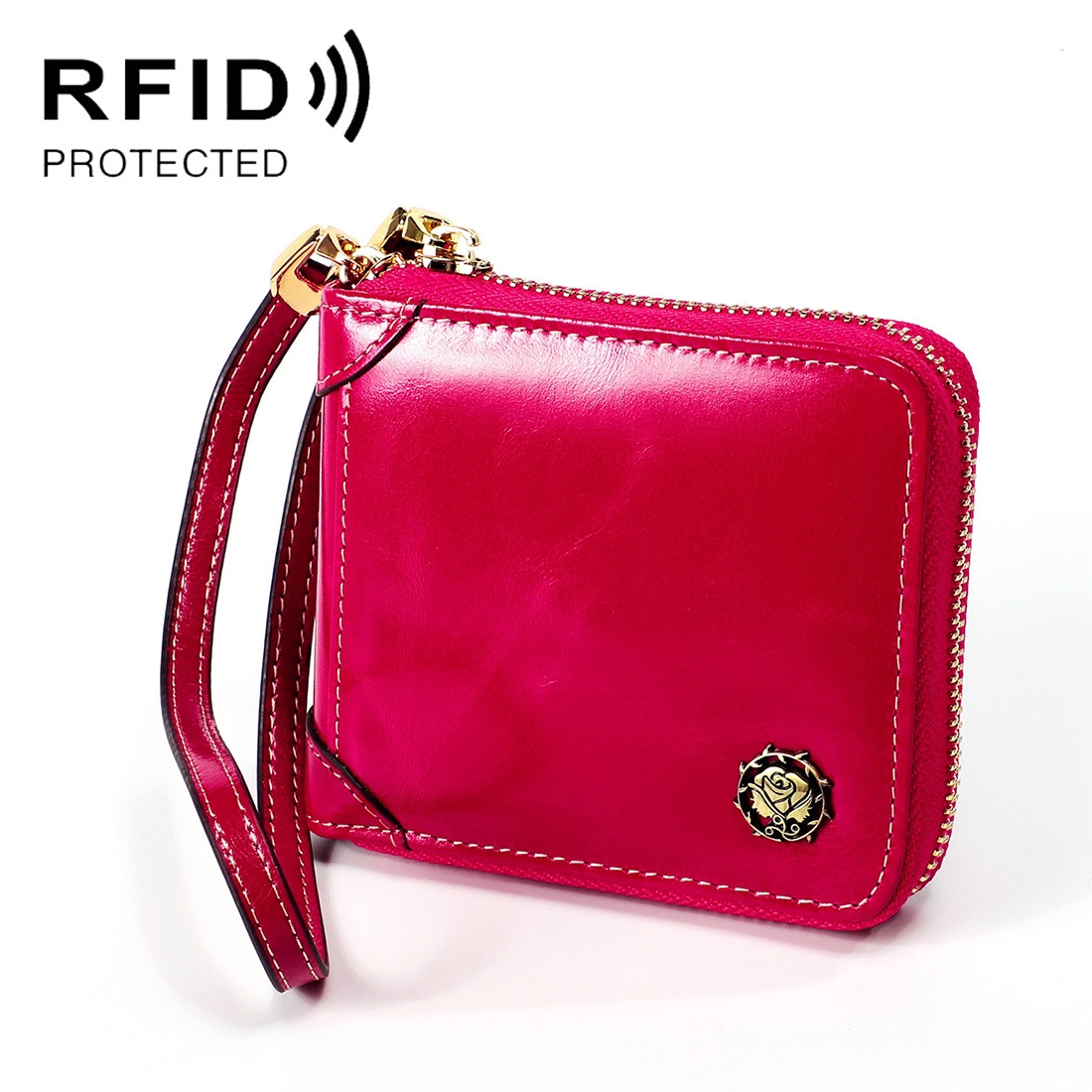 8251 Antimagnetic RFID Multi-function Oil Wax Leather Lady Zipper Wallet Purse with Lanyard(Rose Red) - Shopkiz.com