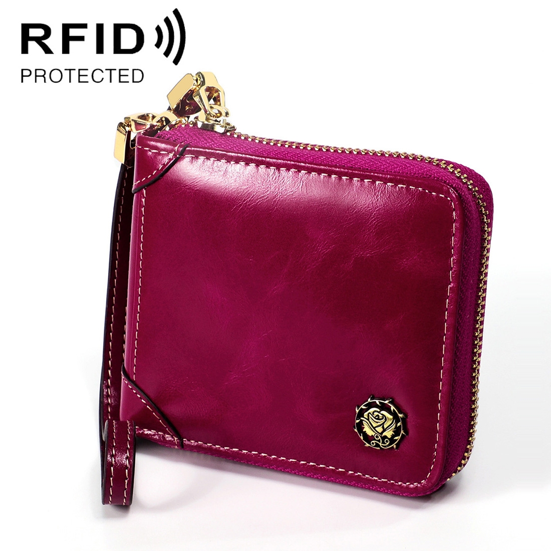 8251 Antimagnetic RFID Multi-function Oil Wax Leather Lady Zipper Wallet Purse with Lanyard(Purple) - Shopkiz.com