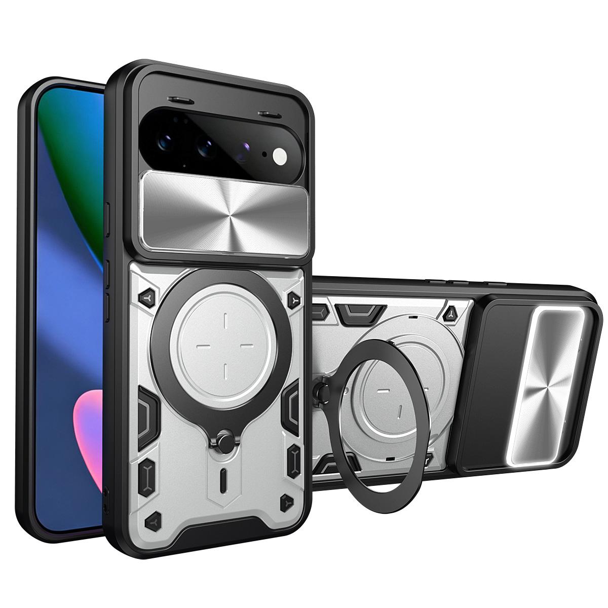 For Google Pixel 11 Pro XL CD Texture Sliding Camshield Magnetic Holder Phone Case(Silver) - Shopkiz.com